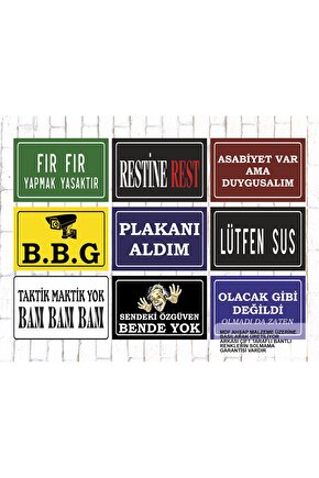 9 Parça Karışık Yazılı Ahşap Tablo Seti asabi komik atarlı esprili sözler duvar yazıları posterleri