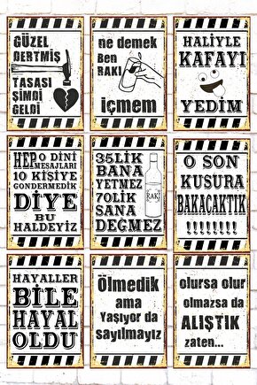 9 Parça Karışık Yazılı Ahşap Tablo Seti eğlenceli içki masası sözleri