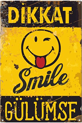Dikkat Smile Emoji Dgülümse Uyarı Levhası Retro Ahşap Poster