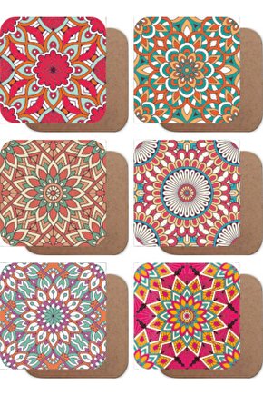 Kilim Motifli Mandala 6lı Ahşap Bardak Altlığı Seti