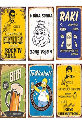 Alkol Temalı 6lı Mini Retro Ahşap Poster Seti