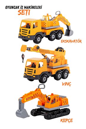 Oyuncak İş Makinesi Seti 3lü Set Ekskavatör, Vinç, Kepçe  İnşaat Seti & İnşaat Araçaları
