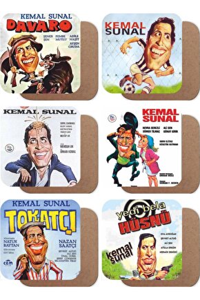 Kemal Sunal Yeşilçam Afişleri Retro 6lı Ahşap Bardak Altlığı Seti