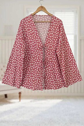 Pembe Çiçekli Önü Bağlamalı Kimono Tunik  Ütü İstemez 85 CM BOY