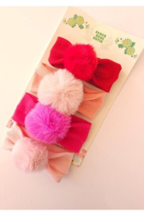 Kız Bebek & Çocuk PonPon Bandana Set - Peluş-Yumuşak-Esnek