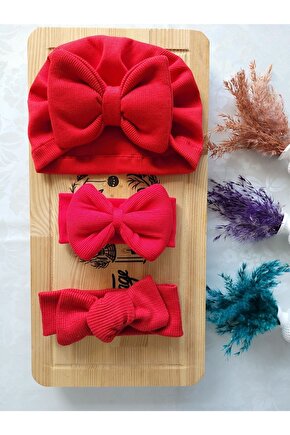 Kız Bebek & Çocuk Fiyonklu Bone & Bandana Set