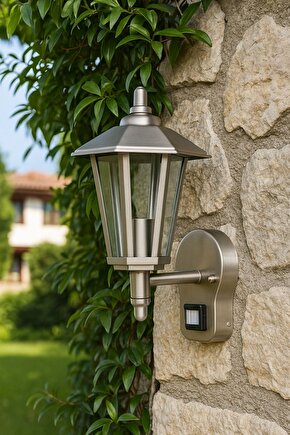 Lamp232 Paslanmaz Krom Cam Hareket Sensörlü Duvar Bahçe Fener Aplik Dış Mekan 198x335x215mm
