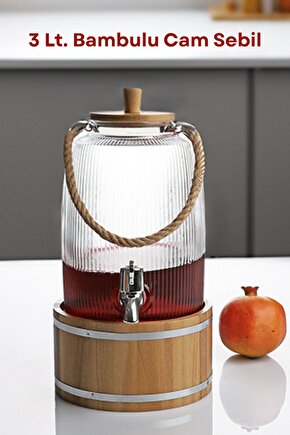 Bambulu Musluklu Cam İçecek Sebili 3 L Bambu Standlı, Halat Kulplu Şık Sunum Damacanası Su Sebili