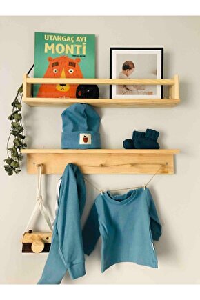Ahşap Askılık Raf Ve Kitaplık Raf Eğitici Montessori Raf 2li 40 Cm