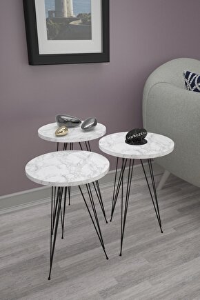 3’lü Zigon Sehpa Takımı | Siyah Metal Ayaklı Modern Yan Sehpa | Salon Dekoru Beyaz Mermer