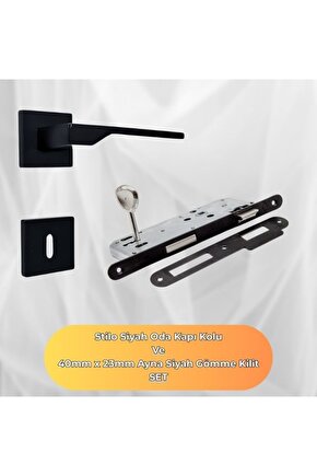 Stilo Siyah Kare Rozetli Oda Kapı Kolu ve 40X23mm Siyah Oda Gömme Kilit Set