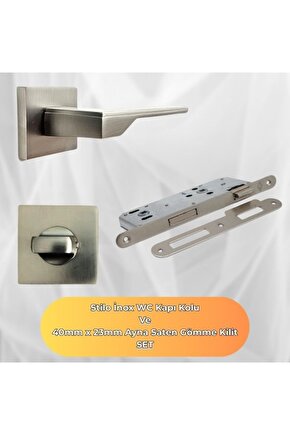 STILO İnox Kare Rozetli WC Kapı Kolu ve 40X23mm Saten WC Gömme Kilit Set
