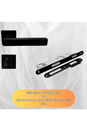 Lusso Siyah Kare Rozetli WC Kapı Kolu ve 45X18mm Siyah WC Gömme Kilit Set
