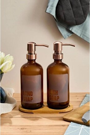 Amber 2’li Standlı Cam Mutfak Sıvı Sabunluk Seti – Bambu Standlı Sabunluk 500ml