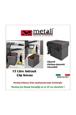 Kapağa Monte Çöp Kutusu Antrasit 15 Litre, Dolap Kapak Ölçüsü Minimum 45 Cm.