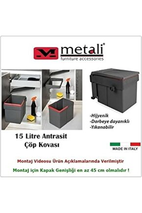 Metali Dolap Içi Çöp Kovası Antrasit 15 L