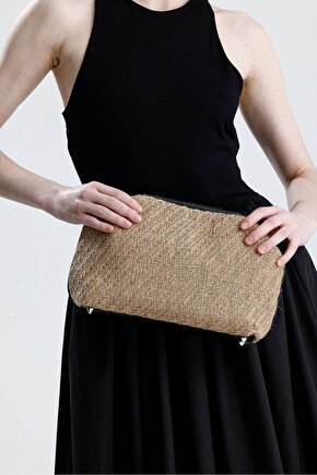 Kadın Heybes Siyah Deri Detaylı Balık Sırtı Örgü Jüt Clutch El Çantası