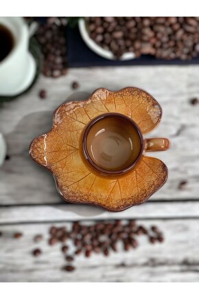 Dekoratif Kabak Yaprak Figürlü, Kahverengi Renklerinde Çay Kahve Fincanı Seti 1 Kişilik