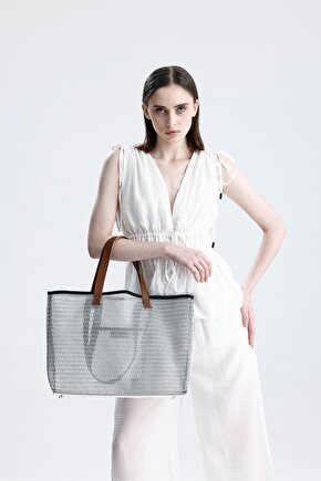 Kadın Beyaz Petek Desenli Şeffaf Büyük Boy Plaj Ve Alışveriş Shopper Tote Omuz Çantası