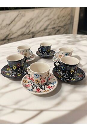 Dekoratif 6 Kişilik Şık Lale Çini Tasarımlı Tamamen El Yapımı Kahve Fincan Seti