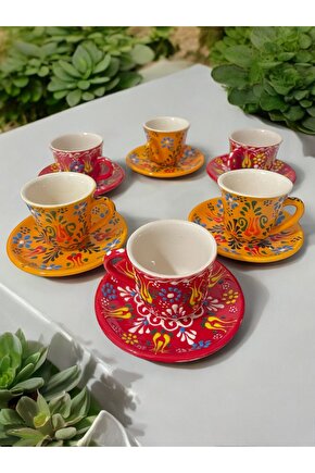 Dekoratif 6 Kişilik Şık Lale Çini Tasarımlı Tamamen El Yapımı Kahve Fincan Seti
