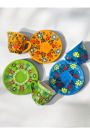 Dekoratif 3 Kişilik Şık Lale Çini Tasarımlı Tamamen El Yapımı Kahve Fincan Seti