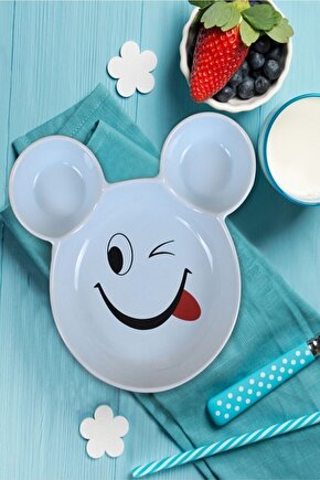 Eğlenceli Çocuk Gülen Yüz Emojili Mama, Yemek, Kahvaltı Ve Pasta Tabağı 1 Adet Mavi