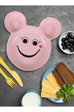 Eğlenceli Çocuk Gülen Yüz Emojili Mama, Yemek, Kahvaltı Ve Pasta Tabağı 1 Adet Pembe