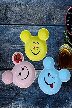 Eğlenceli Çocuk Gülen Yüz Emojili Mama, Yemek, Kahvaltı Ve Pasta Tabağı 3 Adet Pembe-mavi-sarı