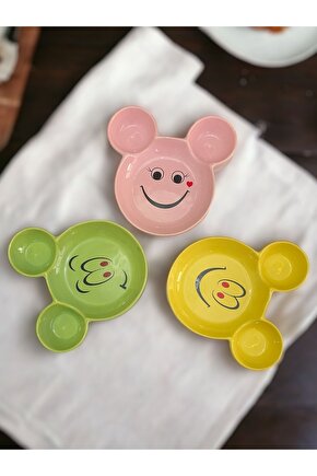 Eğlenceli, Gülen Yüz Emojili Çocuk Mama, Yemek, Kahvaltı Ve Pasta Tabağı 3 Adet Sarı-yeşil-pembe