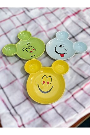 Eğlenceli, Gülen Yüz Emojili Çocuk Mama, Yemek, Kahvaltı Ve Pasta Tabağı 3 Adet Sarı-yeşil-mavi