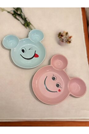 Eğlenceli Çocuk Gülen Yüz Emojili Mama, Yemek, Kahvaltı Ve Pasta Tabağı 2 Adet Pembe-mavi