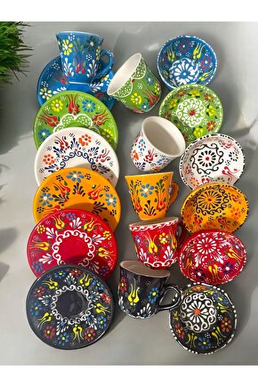 Dekoratif 6 Kişilik Şık Lale Çini Tasarımlı Tamamen El Yapımı Kahve Fincanı ve 10 cm Sosluk
