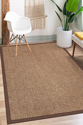 0604-Kahve Kumaş Bordür Sisal Halı Kilim Hav Toz Vermez Kolay Temizlenen Hasır Kilim