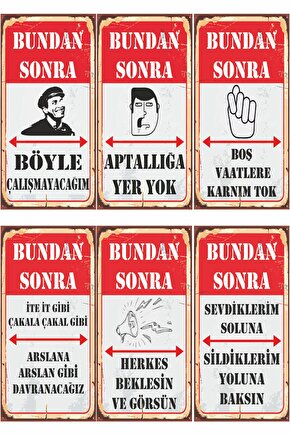 Bundan Sonra Böyle Komik Atarlı Duvar Yazıları 6lı Mini Retro Ahşap Poster Seti