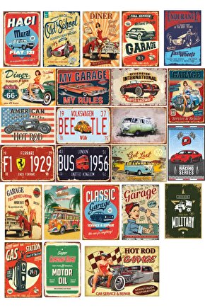 Klasik Arabalar Retro Vintage Klasik Araba Kolaj Seti - 24 Adet - Kuşe Kağıt Kaplamalı Poster Seti