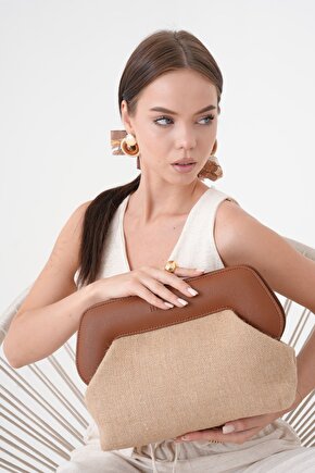 Heybes Kadın Kahve Deri Detaylı Jüt Clutch El Çantası