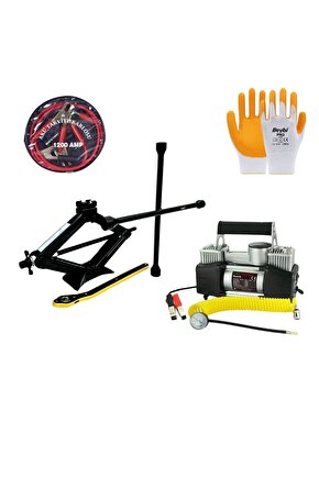 Araç Yardım Seti 4 Parça |Çift Piston Oto Kompresör, Kriko,Takviye Kablosu, Bijon Anahtarı