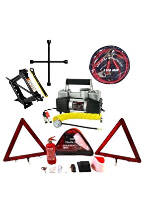 Acil Yol Yardım Seti | Kriko +Çift Piston Kompresör + Takviye Kablosu + Trafik Seti + Bijon Anahtarı