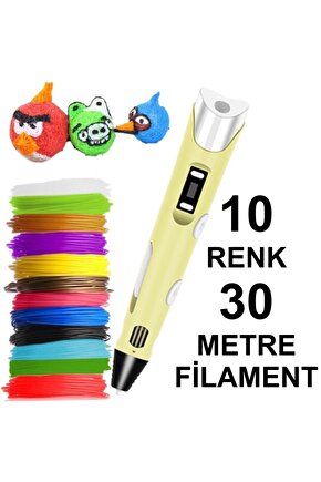 Sarı Kalem Yazıcı+10 Renk 30 Metre (10x3metre) Pla Filament