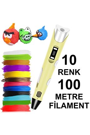 Sarı Kalem Yazıcı+10 Renk 100 Metre (10x10metre) Pla Filament
