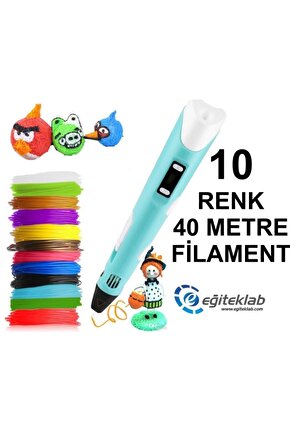 Mavi Kalem Yazıcı+10 Renk 40 Metre (10x4metre) Pla Filament