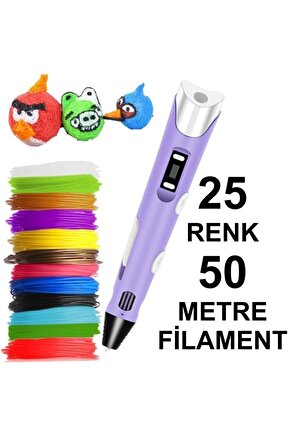 Mor Kalem Yazıcı+25 Renk 50 Metre (25x2metre) Pla Filament