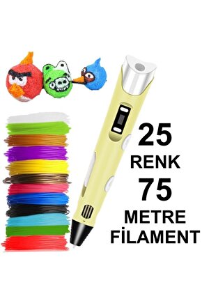 Sarı Kalem Yazıcı+25 Renk 75 Metre (25x3metre) Pla Filament