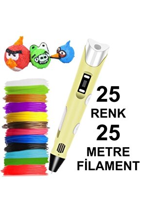 Sarı Kalem Yazıcı+25 Renk 25 Metre (25x1metre) Pla Filament