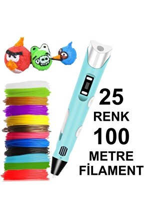 Mavi Kalem Yazıcı+25 Renk 100 Metre (25x4metre) Pla Filament