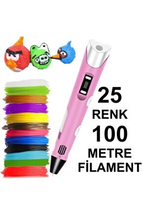 Pembe Kalem Yazıcı+25 Renk 100 Metre (25x4metre) Pla Filament
