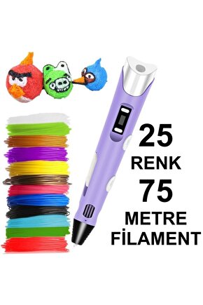 Mor Kalem Yazıcı+25 Renk 75 Metre (25x3metre) Pla Filament