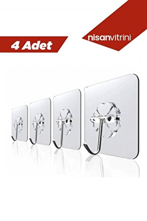 4 Adet Kendinden Yapışkanlı Şeffaf Askı - Banyo Mutfak Havlu Askısı Tekli Askı 6x6 cm
