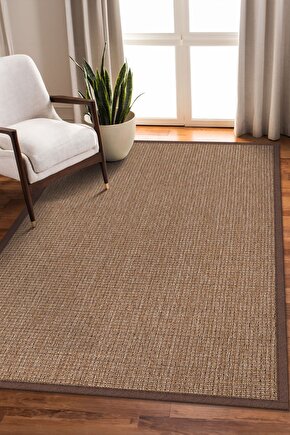 0465-Kahverengi Kumaş Bordür Sisal Halı Kilim Hav Toz Vermez Kolay Temizlenen Hasır Kilim